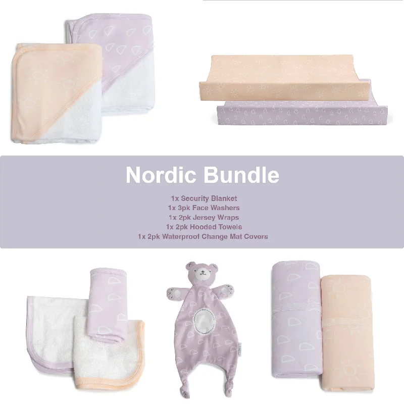 Silk blankets with a smooth and elegant touchSilk blankets with a smooth and elegant touchNordic Peach/Lilac Bundle - Hooded Towel, Change Mat Cover, Face Washer, Jersey Wrap, Security Blanket