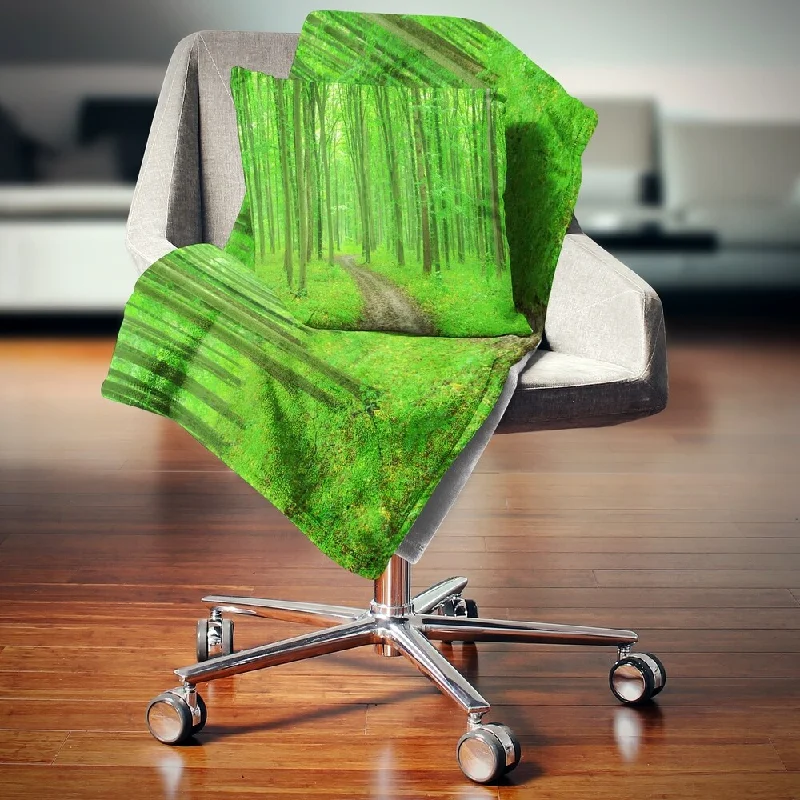 Mohair blankets with a unique sheen and softnessMohair blankets with a unique sheen and softnessDesignart 'Pathway in Bright Green Forest' Modern Forest Throw Blanket