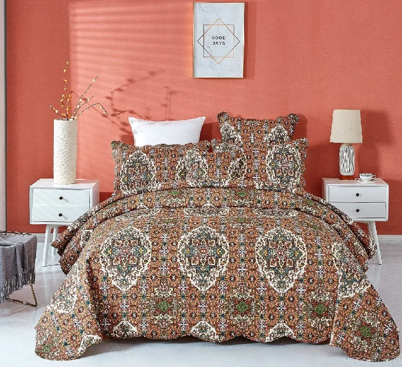 mid - century modern bedspreads with iconic shapes and colors for a stylish spaceDaDa Bedding Rustic Earthy Cross Motif Folk Ogee Moroccan Scalloped Quilted Bedspread Set (JHW-944) mid - century modern bedspreads with iconic shapes and colors for a stylish spaceDaDa Bedding Rustic Earthy Cross Motif Folk Ogee Moroccan Scalloped Quilted Bedspread Set (JHW-944)