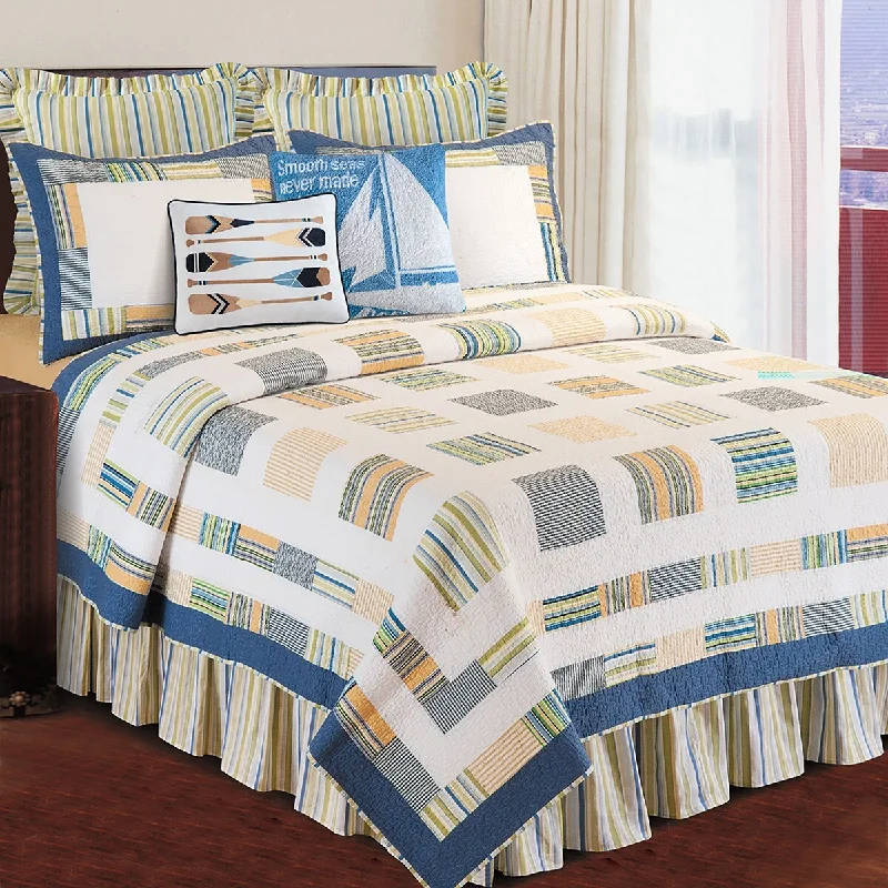 Bed skirts with a scalloped hem for a charming detailBlue & Green Stripes Bed Skirt