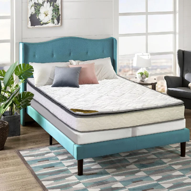 Gel - infused memory foam mattresses for cooler sleep9-Inch Medium Firm Foam Encased Pillowtop Pocketed Coil Innerspring Mattress and 4-Inch Wood Split Low Profile BoxSpring Set.