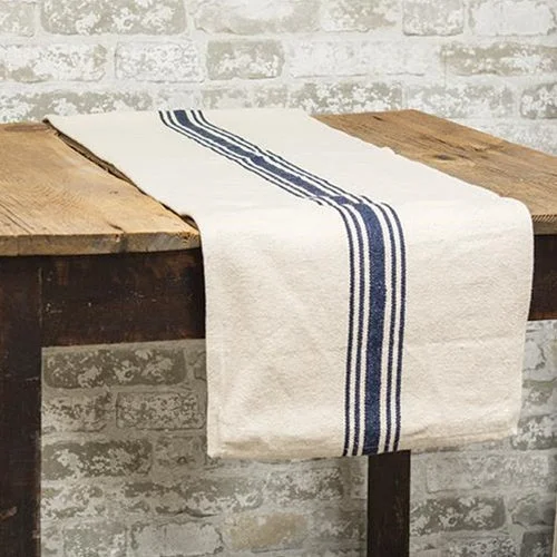 Bed skirts with a ruffled tiered designGrain Sack Cream and Navy Stripe Long Runner