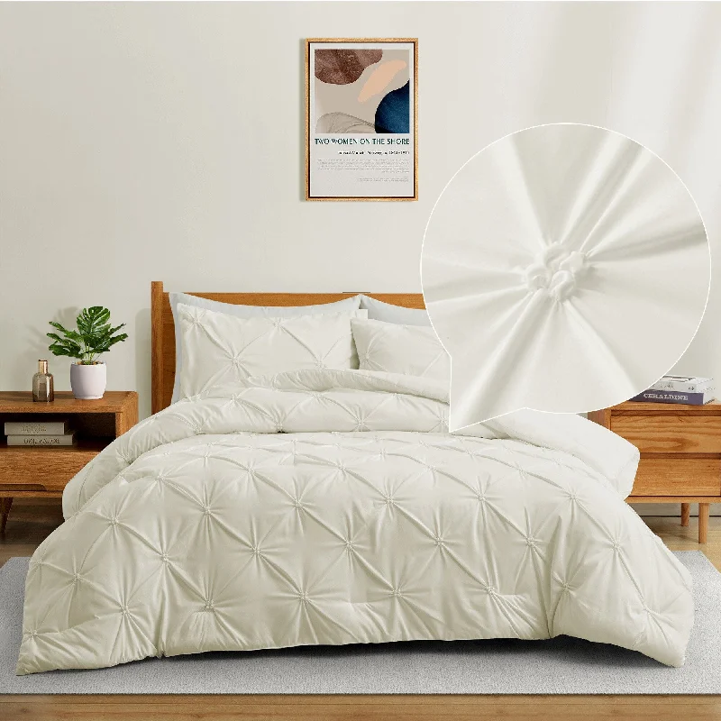 Down - filled comforters for supreme warmth and lightness3 Piece Pintuck Pinch Pleat Comforter Set, Bedding Set for All Season, Cream