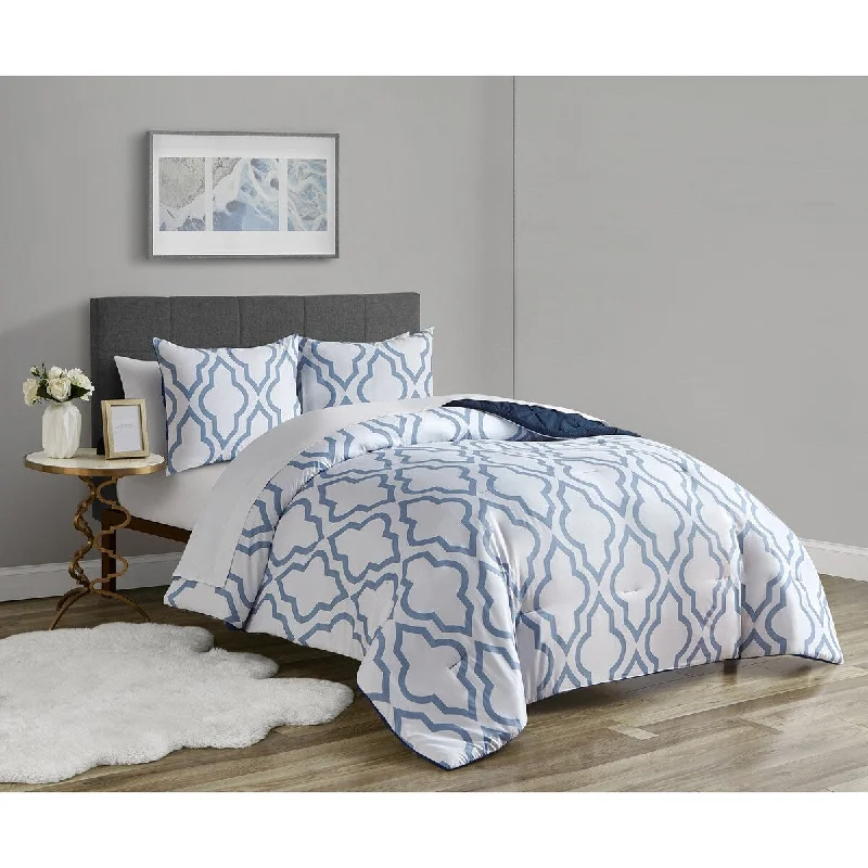 Duck down comforters with a softer feel and good warmth retentionGeo Navy Reversible 3 piece comforter set