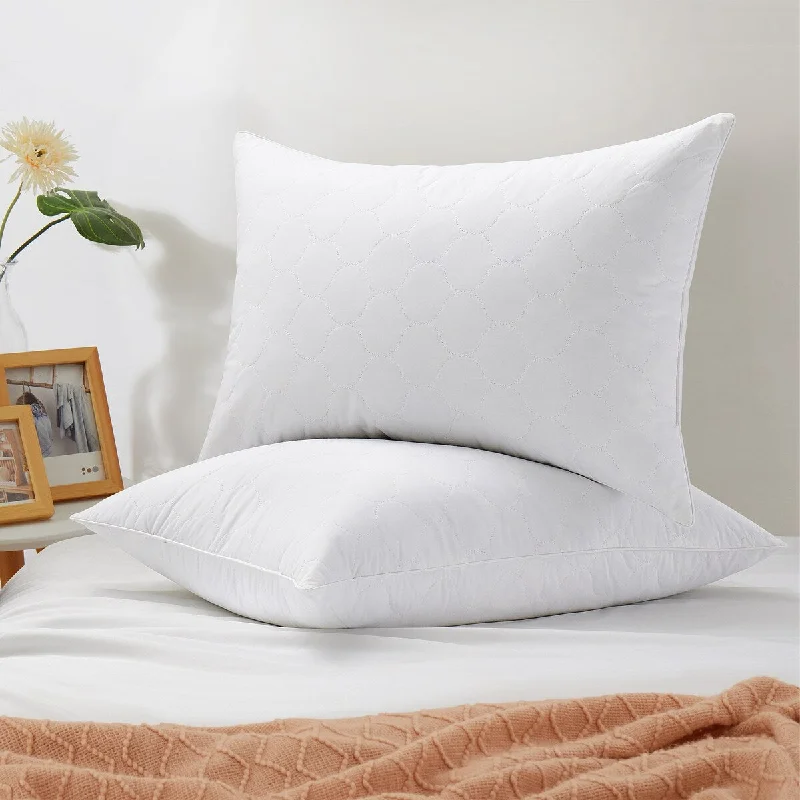 Silk Pillows for Smooth Skin and HairMedium Goose Feather Down Pillow with Quilted Cotton Cover Set of 2 - White