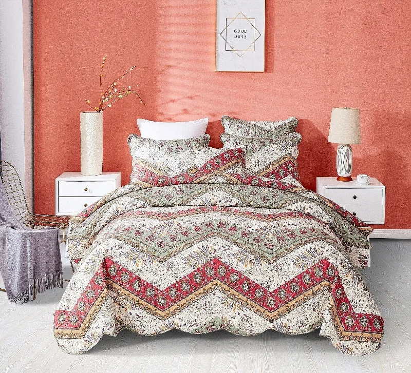 silk bedspreads with a luxurious and smooth textureDaDa Bedding Rustic Bohemian Cranberry Sage Chevron Floral Bedspread Set (JHW-924)