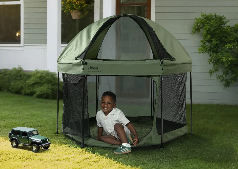 Bamboo - charcoal infused mattresses for odor absorptionHexagon Pop Up Play Yard with Removable Canopy