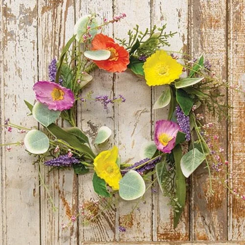 Bed skirts with a modern art - inspired printMixed Poppy & Silver Dollar Wreath