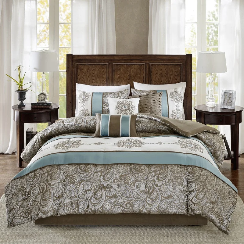 Microfiber - filled comforters that are lightweight and easy to care forMadison Park Lorraine Blue Jacquard 7-Piece Comforter Set