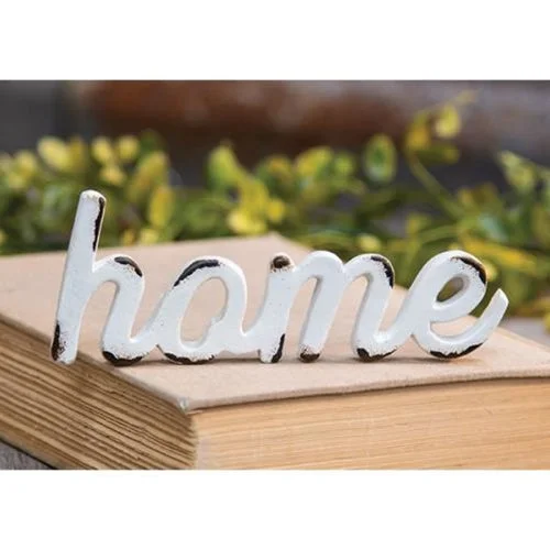 Bed skirts with a geometric cut - out design'Home' Distressed White Resin Figurine