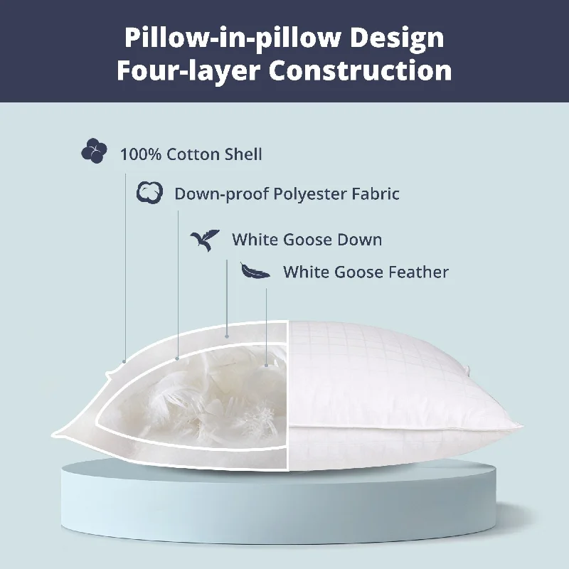 Round Pillows for Boho-Style InteriorsPack of 2 White Down 4-Layer 300TC Bed Pillows for Side & Back Sleepers