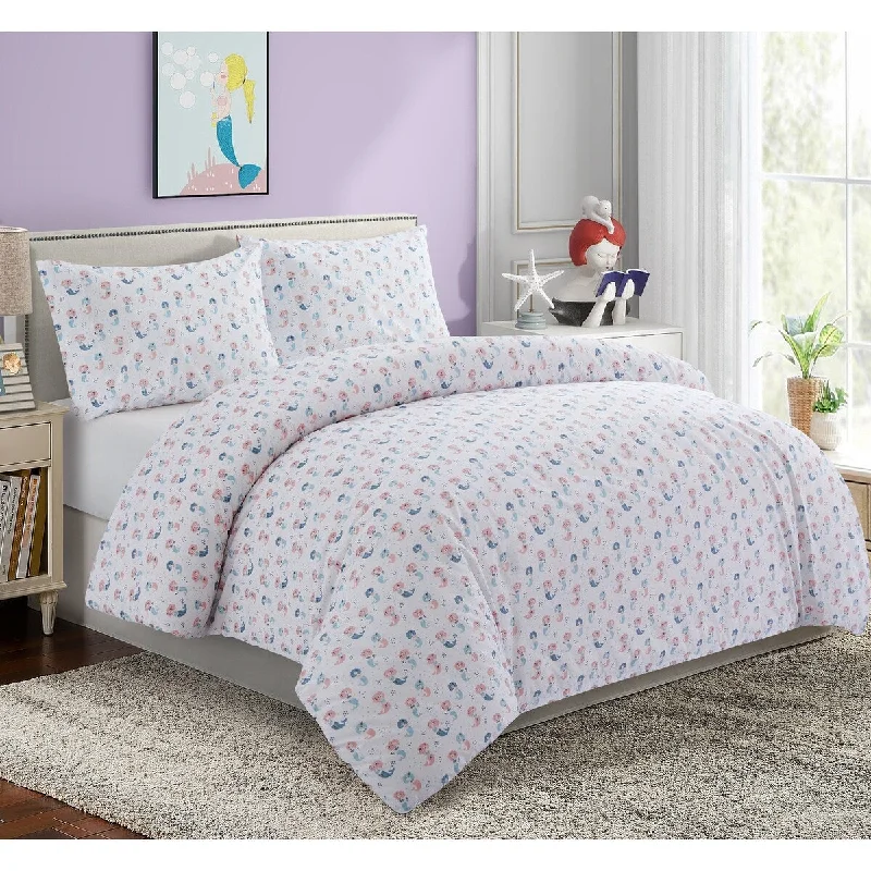 Bolster Pillows for Sofa DecorationKids Girls Printed 600 Thread Count Cotton Blend Percale Duvet Cover Fitted Sheet Ensemble Bedding Set, Cartoon Mermaid