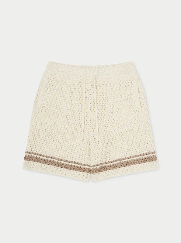 CROCHET KNITTED CONTRAST STRIPE SHORTS - OFF WHITE