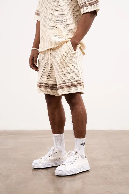 CROCHET KNITTED CONTRAST STRIPE SHORTS - OFF WHITE