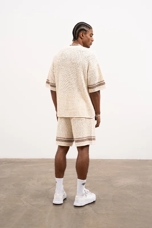 CROCHET KNITTED CONTRAST STRIPE SHORTS - OFF WHITE