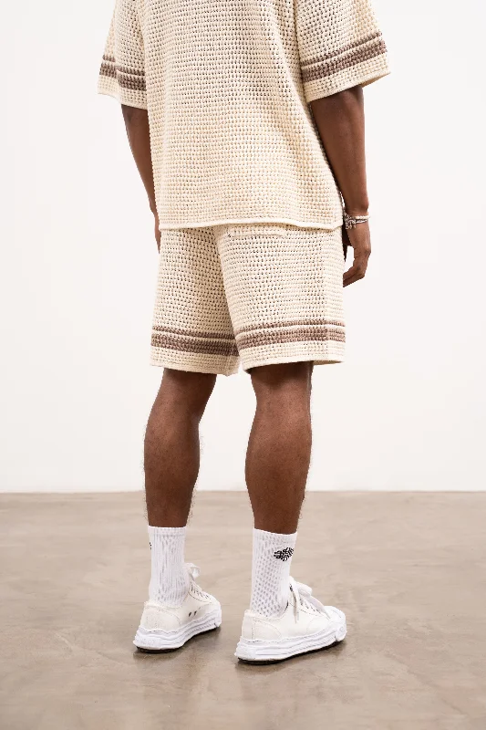 CROCHET KNITTED CONTRAST STRIPE SHORTS - OFF WHITE