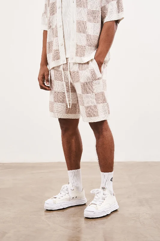 KNITTED CHECKERBOARD SHORTS - OFF WHITE