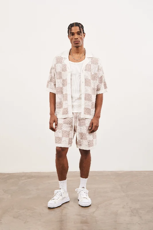 KNITTED CHECKERBOARD SHORTS - OFF WHITE