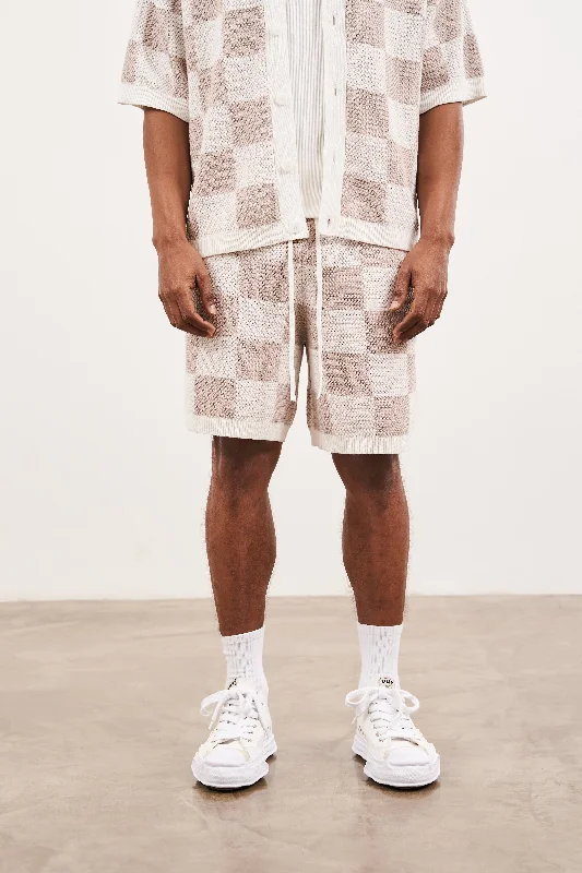 KNITTED CHECKERBOARD SHORTS - OFF WHITE