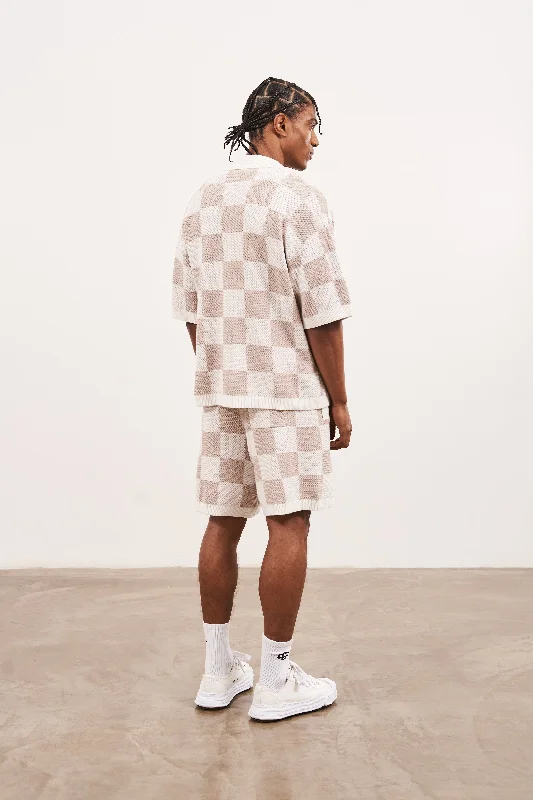 KNITTED CHECKERBOARD SHORTS - OFF WHITE