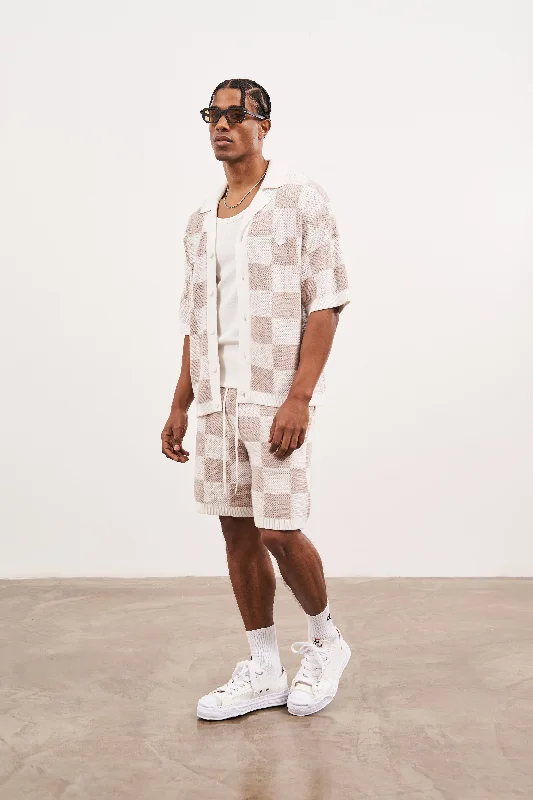 KNITTED CHECKERBOARD SHORTS - OFF WHITE