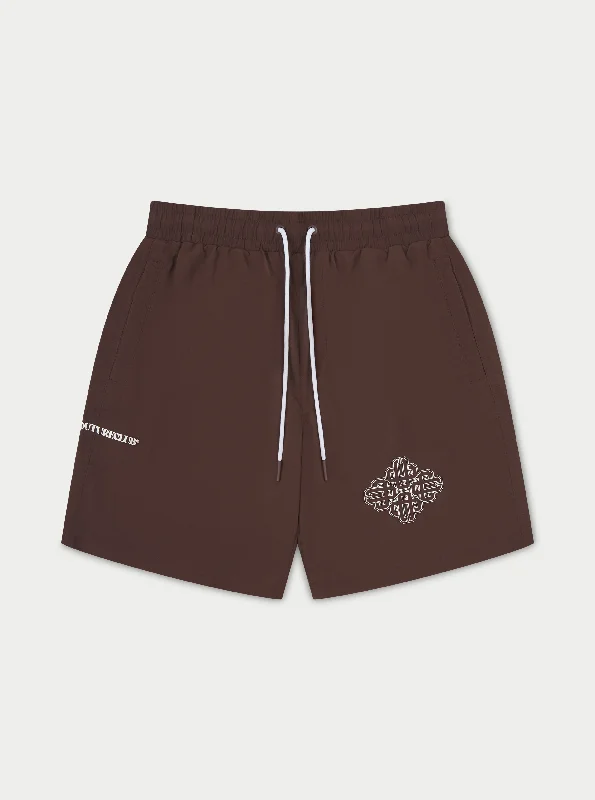 COPYRIGHT EMBLEM MID LENGTH SWIM SHORTS - BROWN