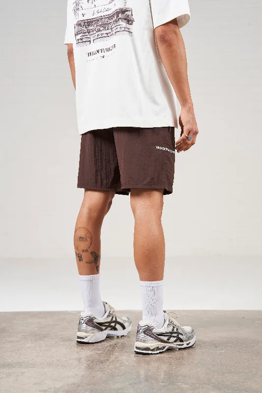 COPYRIGHT EMBLEM MID LENGTH SWIM SHORTS - BROWN