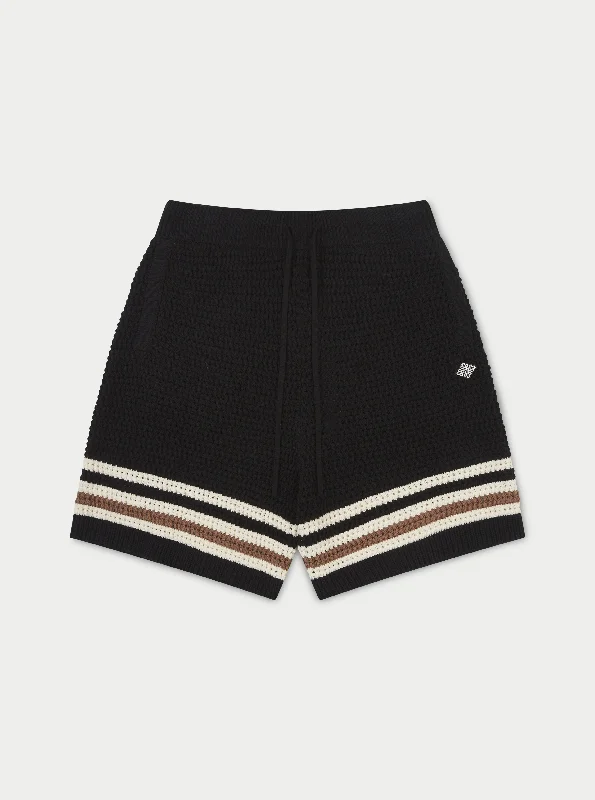 STRIPE TRIM CROCHET KNITTED SHORTS - BLACK