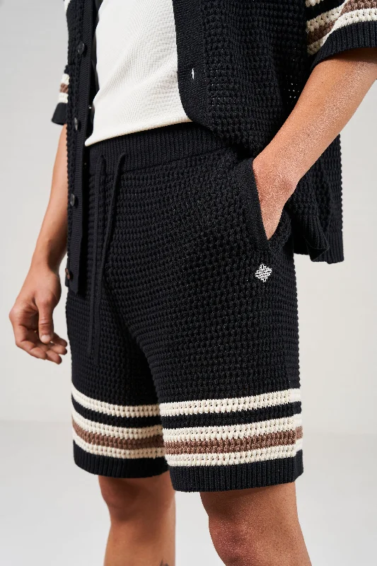 STRIPE TRIM CROCHET KNITTED SHORTS - BLACK