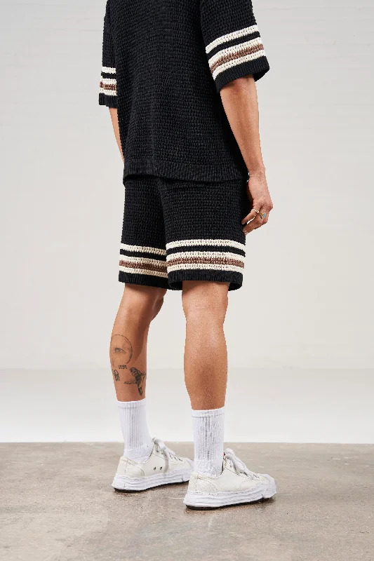 STRIPE TRIM CROCHET KNITTED SHORTS - BLACK