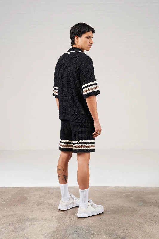 STRIPE TRIM CROCHET KNITTED SHORTS - BLACK