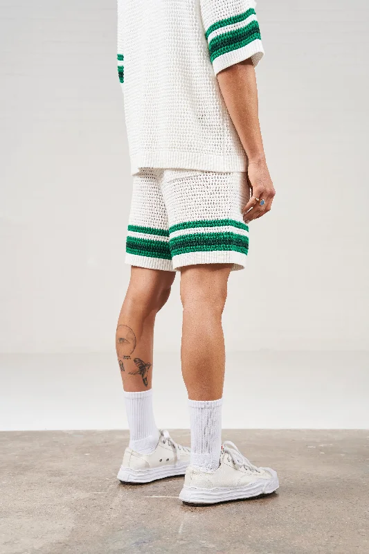 STRIPE TRIM CROCHET KNITTED SHORTS - WHITE