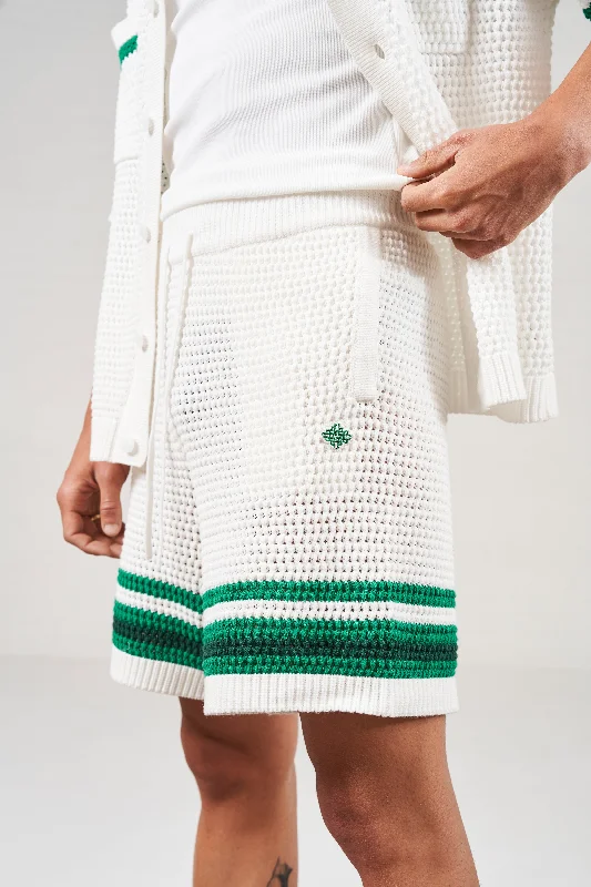 STRIPE TRIM CROCHET KNITTED SHORTS - WHITE