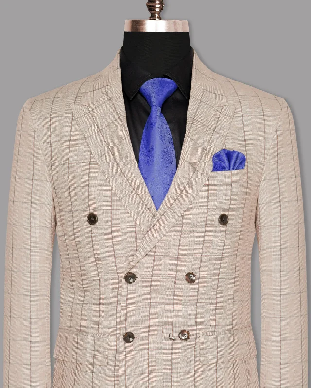 Beige Windowpane Wool Rich Double Breasted Blazer