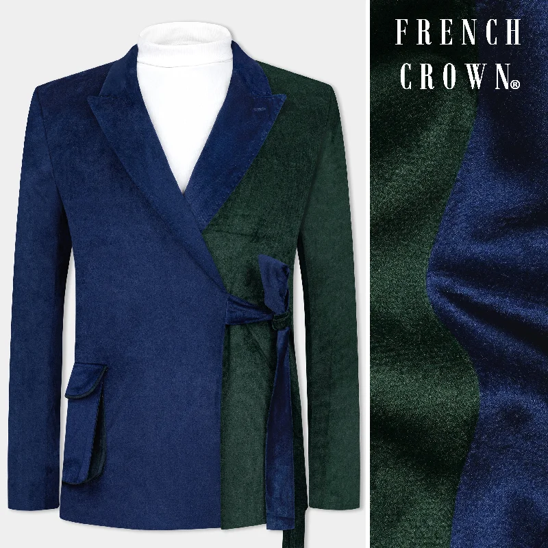 Downriver Blue and Green Velvet Designer Blazer with Belt Closure