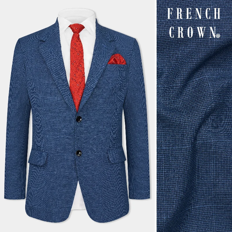 Gun Powder Blue Windowpane Wool Rich Stretchable traveler Blazer