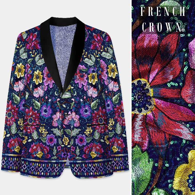 Indigo Blue Multi Color Flower Valley Printed Embroidered Tuxedo Blazer