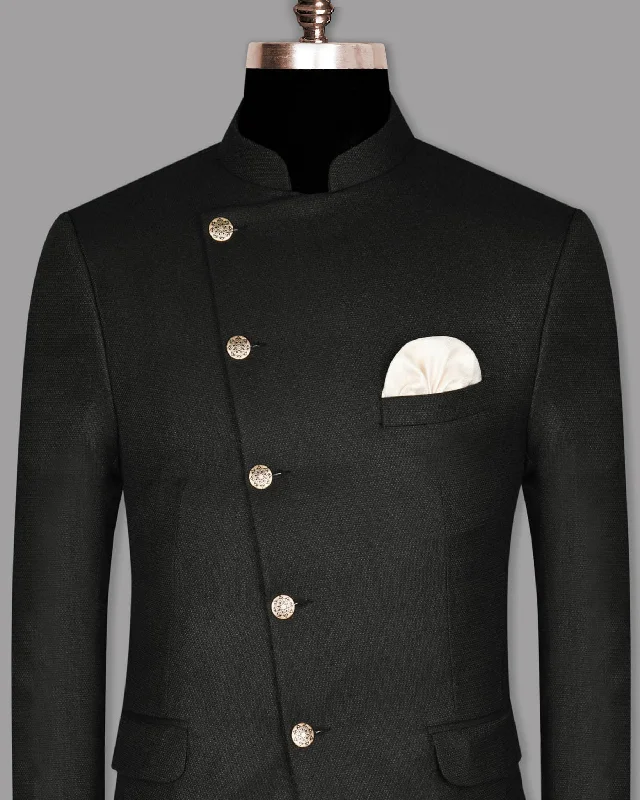 Jade Black with Subtle Grey texture Cross Placket Bandhgala/Mandarin Wool-Silk blend Blazer