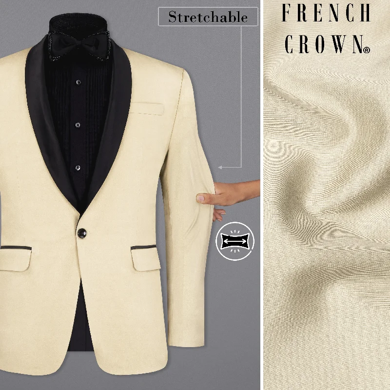 Moon Mist Beige With Black Lapel Stretchable Tuxedo Premium Cotton traveler Blazer