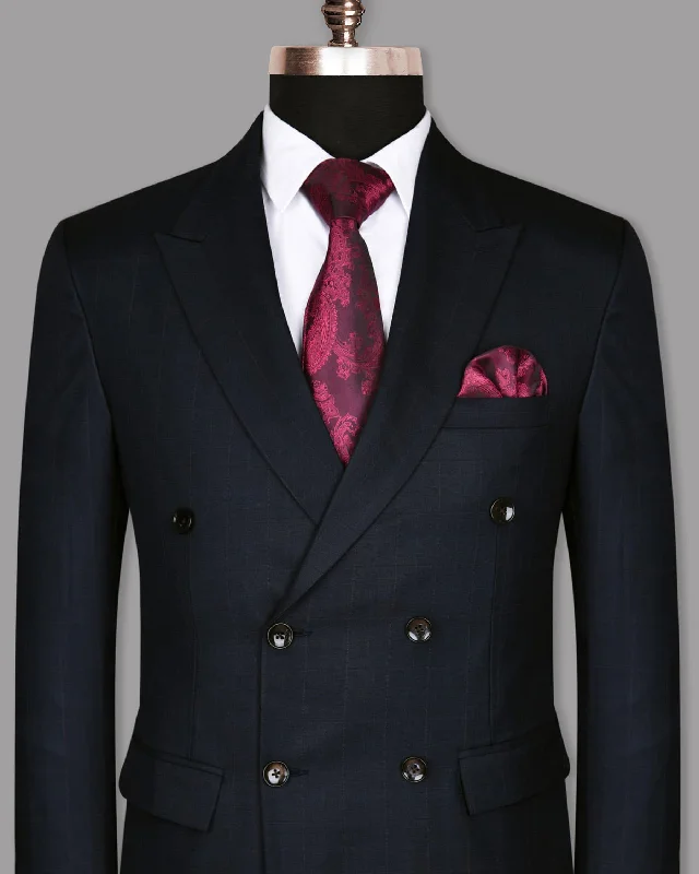 Navy Subtle Windowpane Wool Rich Double Breasted Blazer