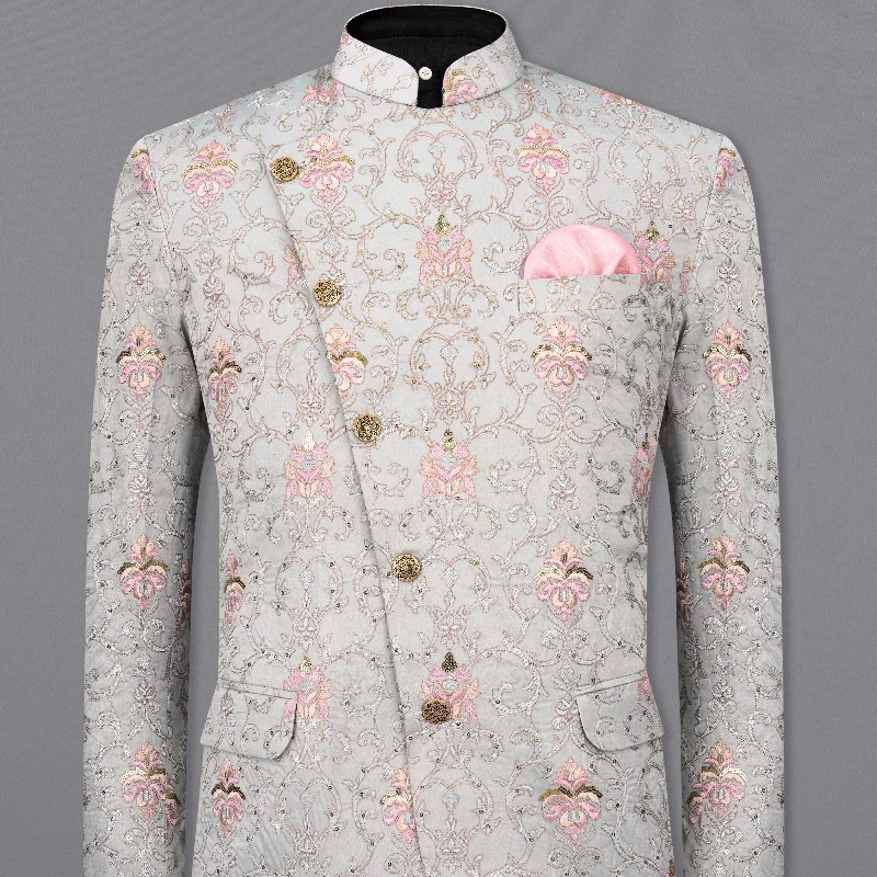 Nebula Gray and Thread Embroidered Cross Placket Bandhgala Blazer