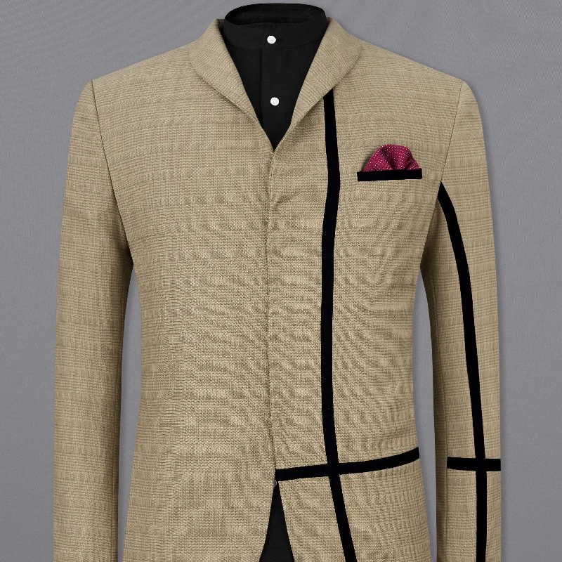 Pale Taupe Brown Plaid with Black Patchwork Wool Rich Blazer