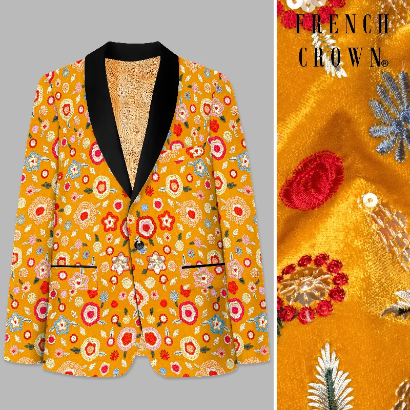 Tangerine Yellow And Alizarin Red Velvet Floral Thread Embroidered Tuxedo Blazer