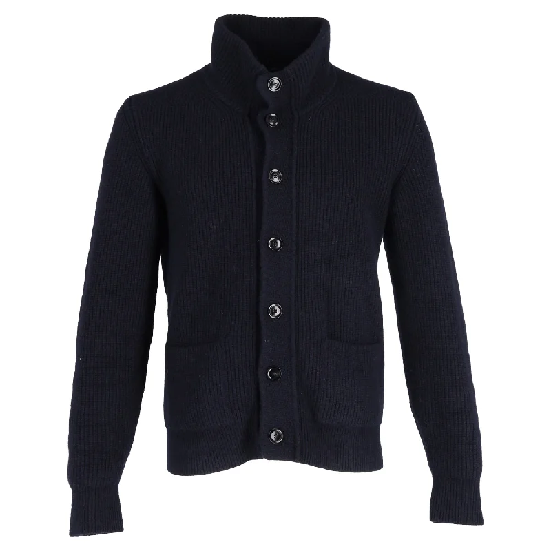 Tom Ford Ribbed-Knit High-Neck Buttoned Cardigan in Navy Blue Wool