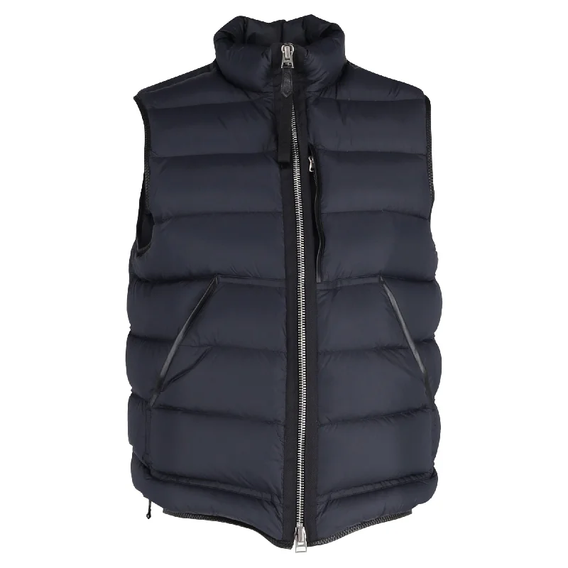 Tom Ford Slim-Fit Leather-Trimmed Quilted  Vest in Navy Blue Polyamide