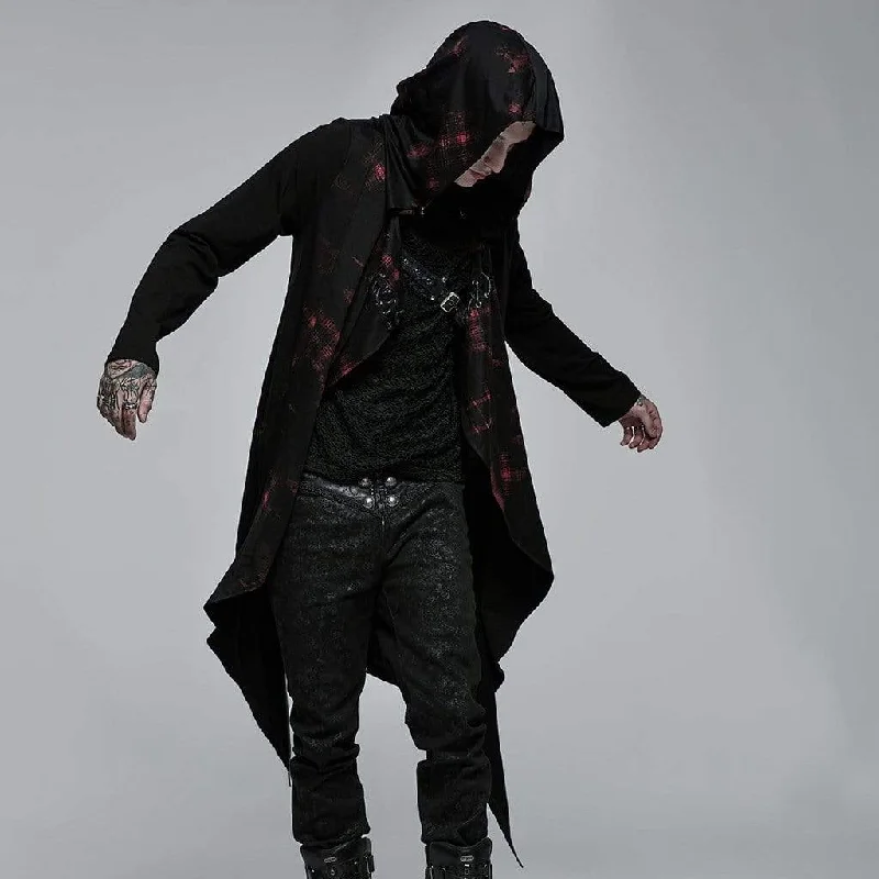 Men's Gothic Irregular Ruched Plaid Cardigan with Hood