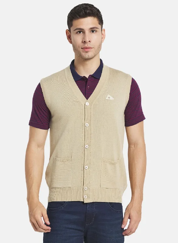 Men Beige Solid Cardigan