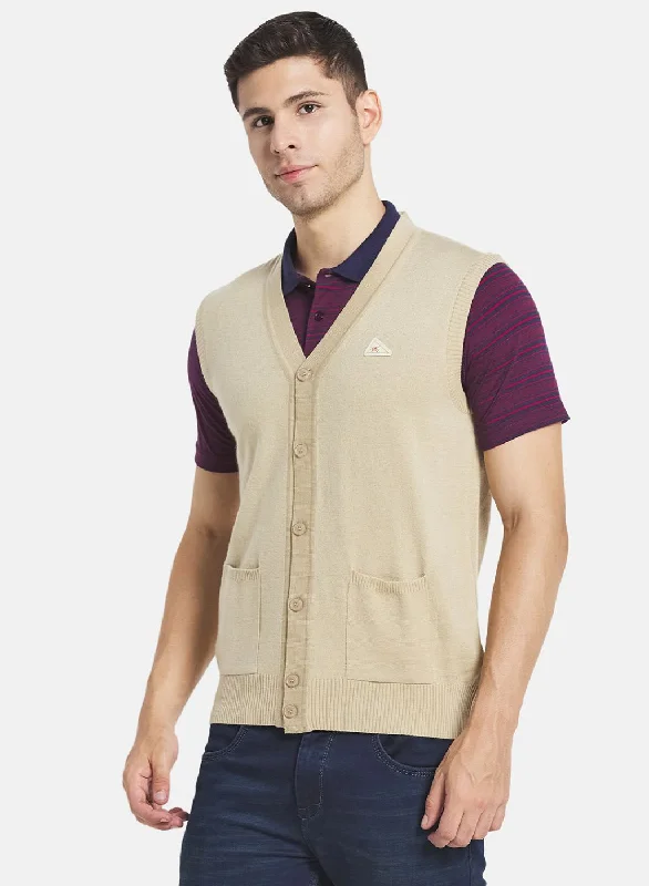 Men Beige Solid Cardigan