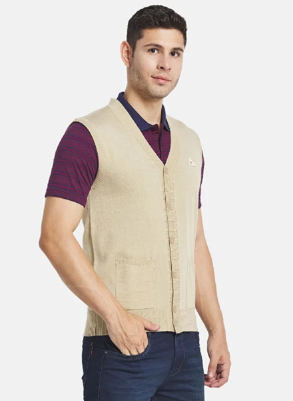 Men Beige Solid Cardigan