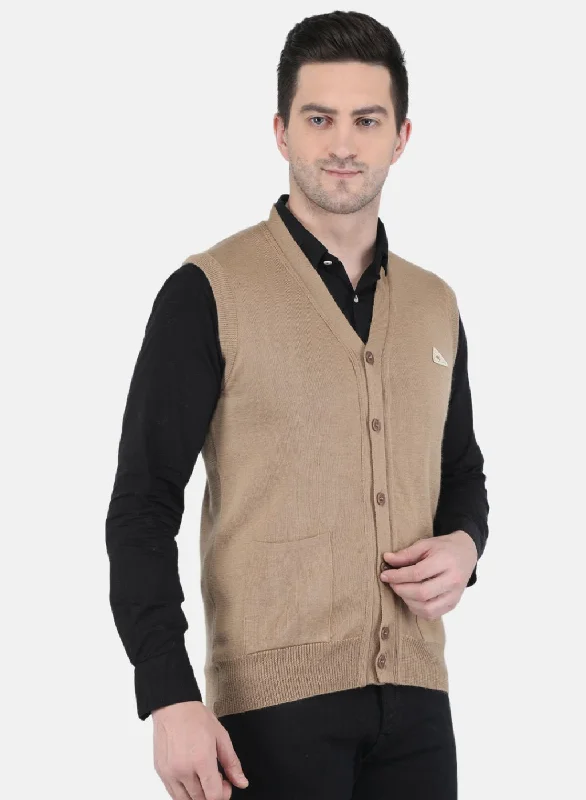 Men Beige Solid Cardigan